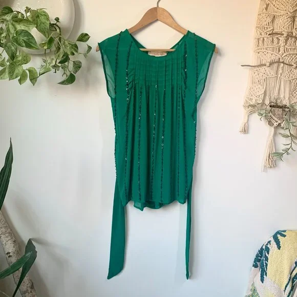 Anthropologie Sheer Sleeveless Beaded Blouse Top Bohemian Boho Fairy Classic - Picture 5 of 15